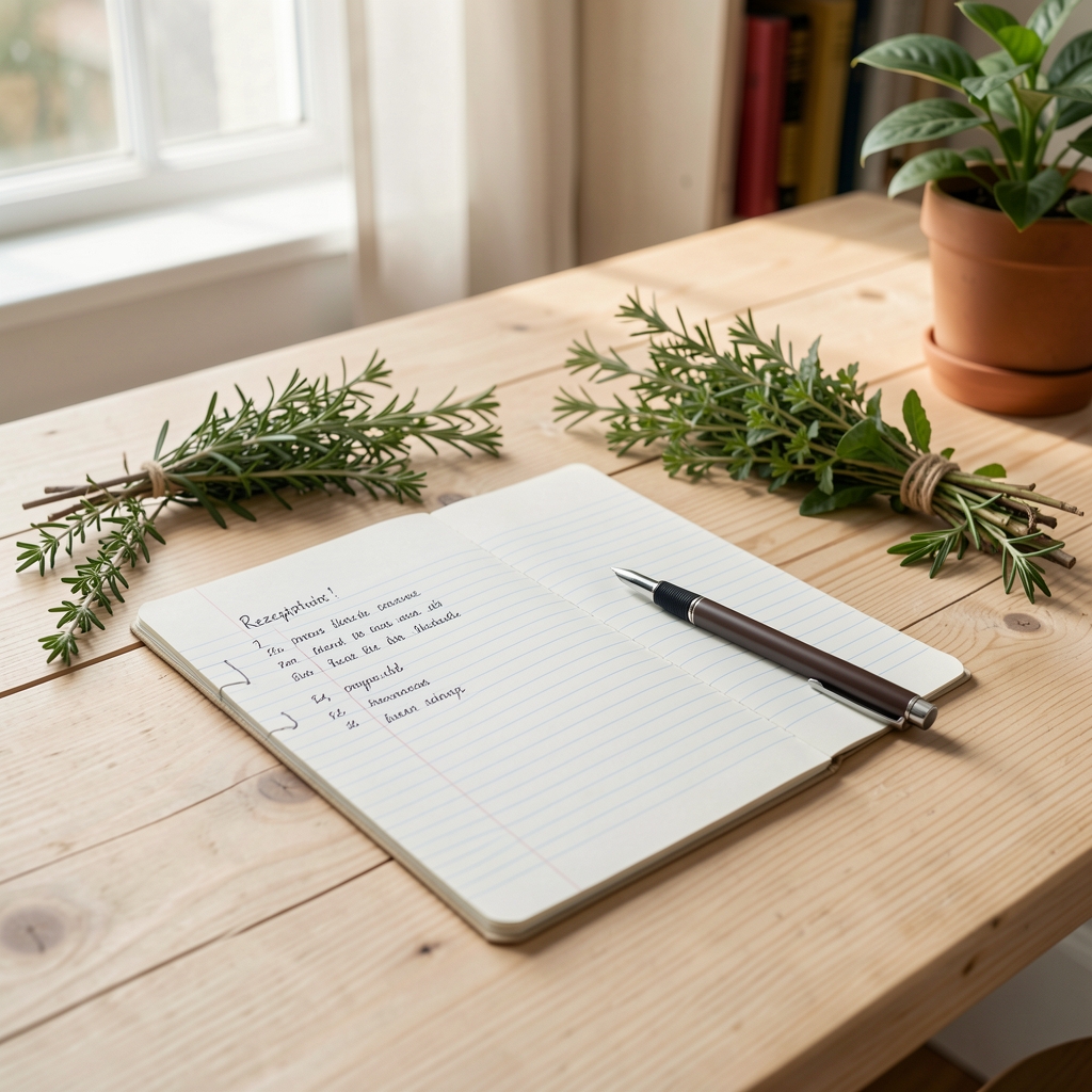 Offenes Notizbuch mit Rezeptnotizen, Stift und frischen Kräutern auf hellem Holztisch, Redaktionsumgebung